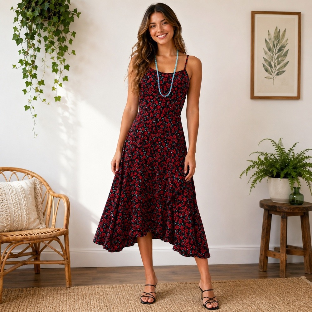 SHEIN Floral Ditsy Midi Dress & Blue Beaded Necklace Cottagecore Coquette Boho